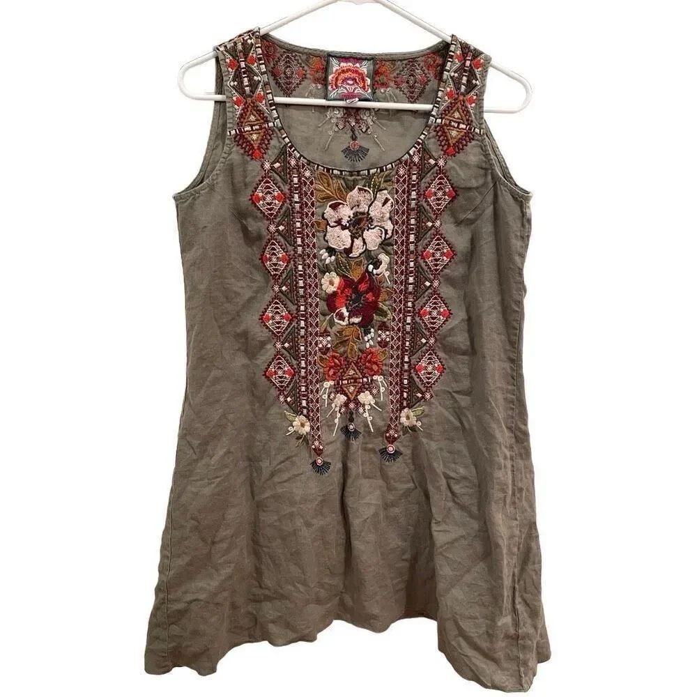 Johnny Was Womens Beatriz Linen Trapeze Tunic Dress XS Green Boho Cottagecore